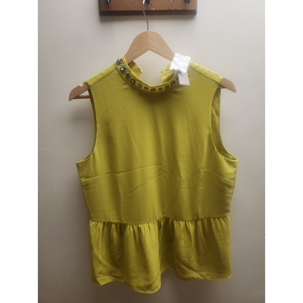 J Crew Chartreuse Yellow Jeweled Neck Peplum Top AE865 Womens Medium Sleeveless